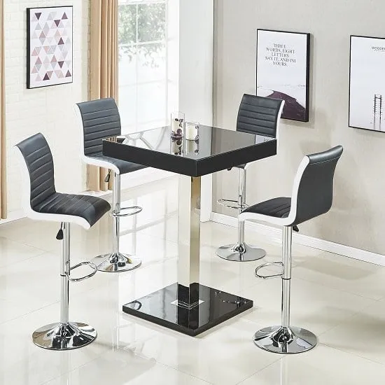 Topaz Square Bar Table Set with 4 Ritz Stools - Black, Glass