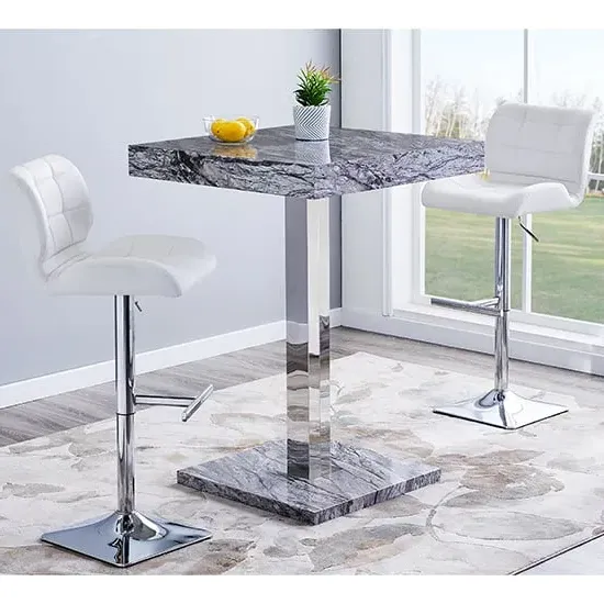 Topaz Square Bar Table with 2 Candid Stools - Marble Effect