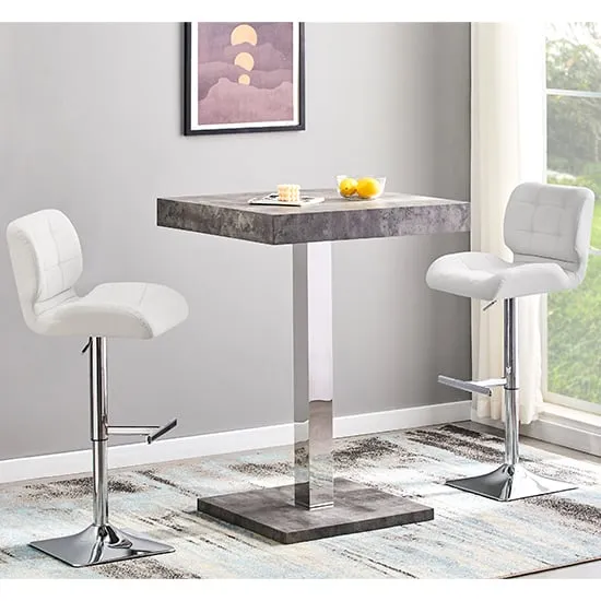 Topaz Square Bar Table with 2 Candid Stools - White, Concrete Effect