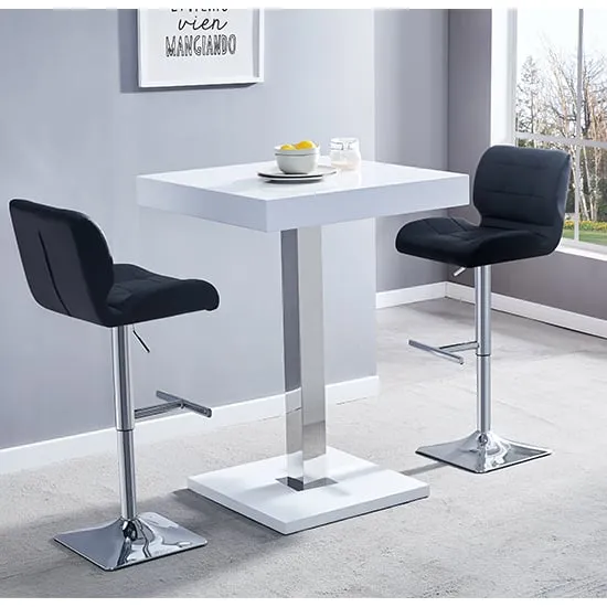 Topaz Square Bar Table with 2 Candid Stools - White, High Gloss