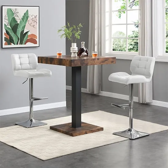 Topaz Square Bar Table with 2 Candid Stools - White, Rustic Oak