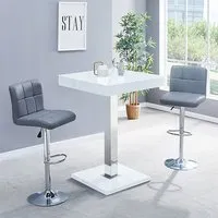 Topaz Square Bar Table with 2 Coco Stools - White, High Gloss