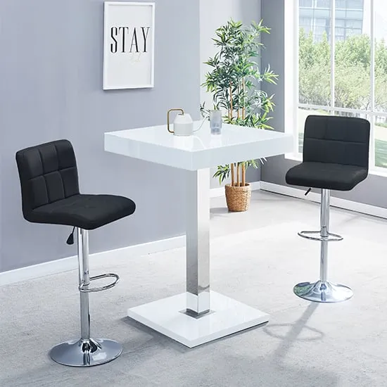 Topaz Square Bar Table with 2 Coco Stools - White, High Gloss image