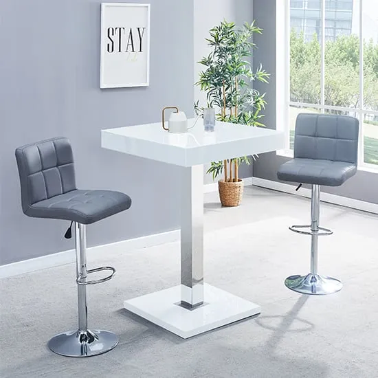 Topaz Square Bar Table with 2 Coco Stools - White, High Gloss image