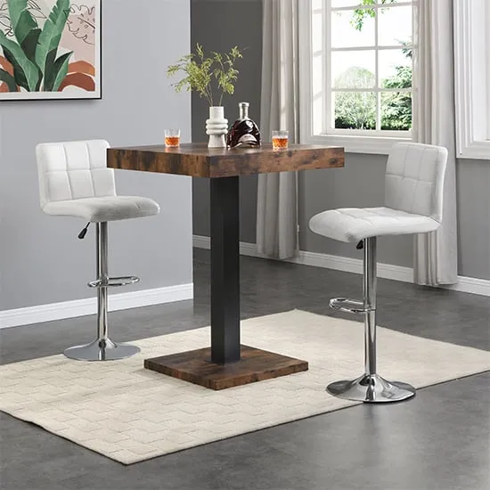 Topaz Square Bar Table with 2 Coco Stools - White, Rustic Oak