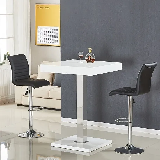 Topaz Square Bar Table with 2 Ripple Black Stools - White