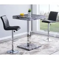Topaz Square Bar Table with 2 Ripple Stools - Black, Marble Effect