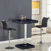 Topaz Square Bar Table with 2 Ripple Stools - Black, Marble Effect