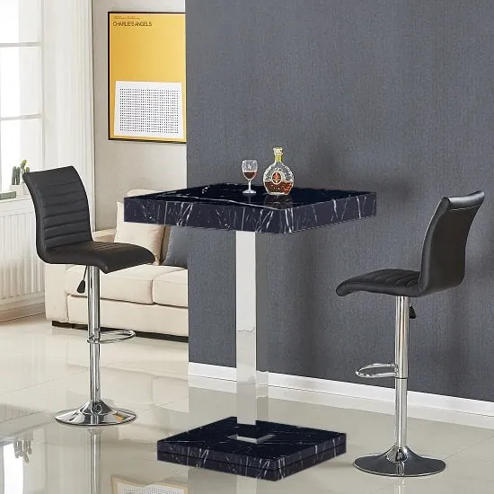 Topaz Square Bar Table with 2 Ripple Stools - Black, Marble Effect