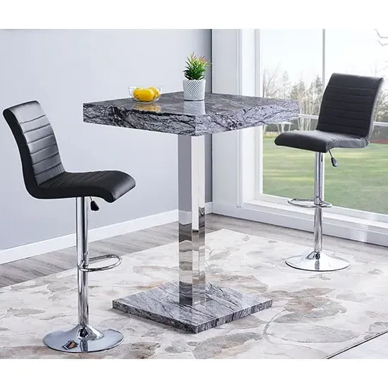 Topaz Square Bar Table with 2 Ripple Stools - Black, Marble Effect
