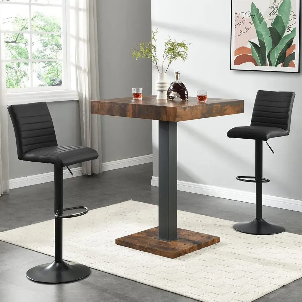 Topaz Square Bar Table with 2 Ripple Stools - Black, Rustic Oak