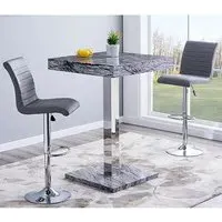 Topaz Square Bar Table with 2 Ripple Stools - Grey, Marble Effect