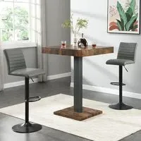 Topaz Square Bar Table with 2 Ripple Stools - Grey, Rustic Oak
