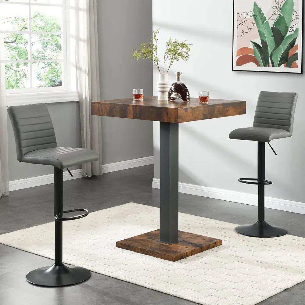 Topaz Square Bar Table with 2 Ripple Stools - Grey, Rustic Oak