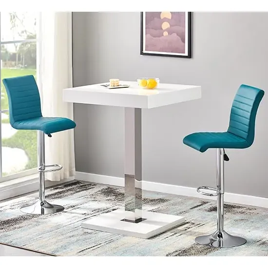 Topaz Square Bar Table with 2 Ripple Stools - Teal, White