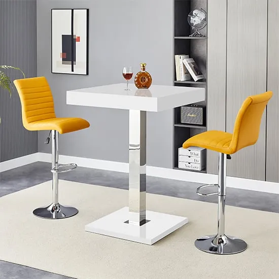 Topaz Square Bar Table with 2 Ripple Stools - White, Curry