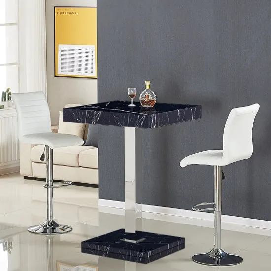 Topaz Square Bar Table with 2 Ripple Stools - White, Marble Effect