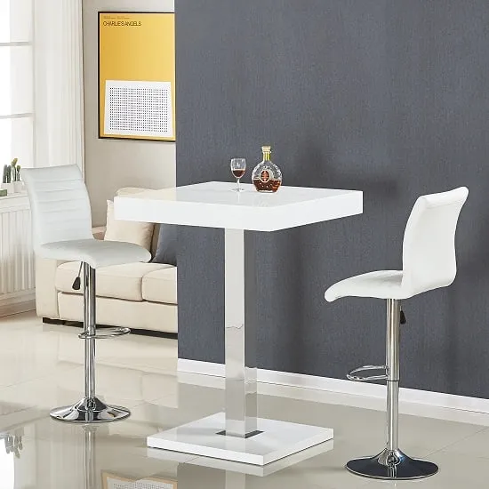 Topaz Square Bar Table with 2 Ripple White Stools - White