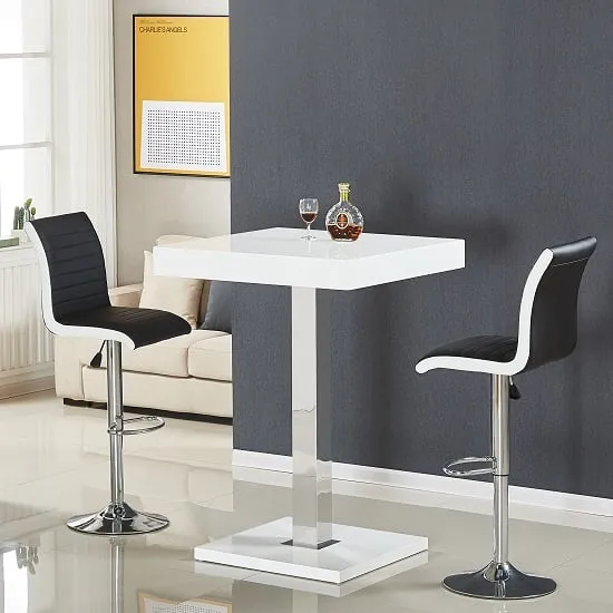 Topaz Square Bar Table with 2 Ritz Black White Stools - White