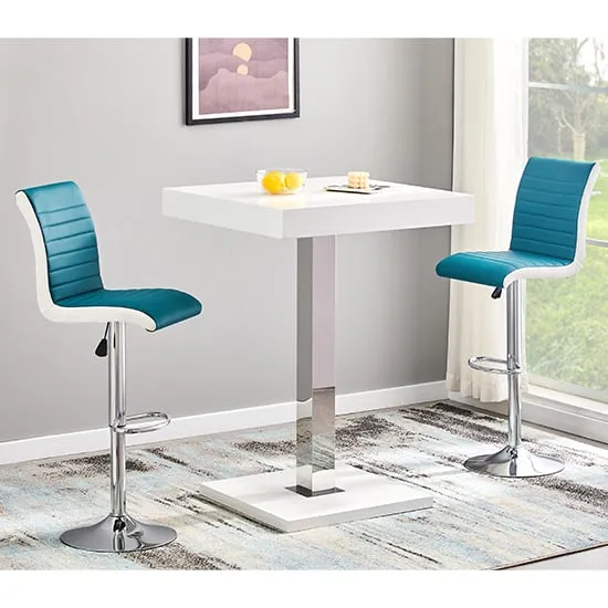 Topaz Square Bar Table with 2 Ritz Stools - White, Teal