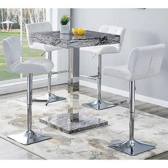 Topaz Square Bar Table with 4 Candid Stools - Marble Effect