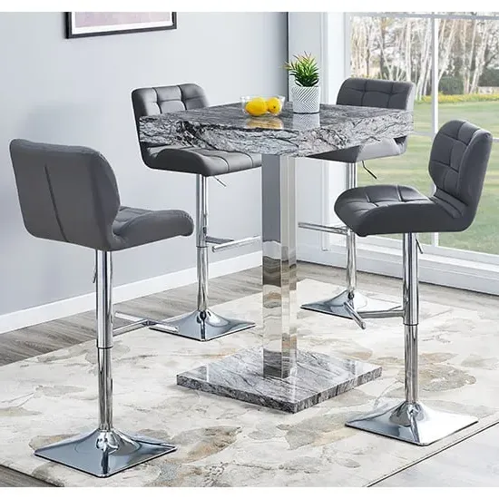 Topaz Square Bar Table with 4 Candid Stools - Marble Effect