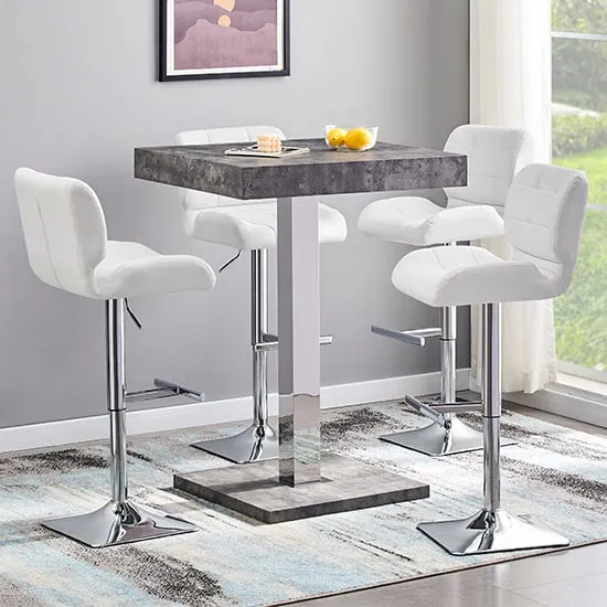 Topaz Square Bar Table with 4 Candid Stools - White, Concrete Effect