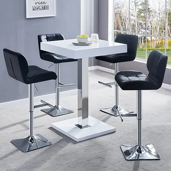 Topaz Square Bar Table with 4 Candid Stools - White, High Gloss