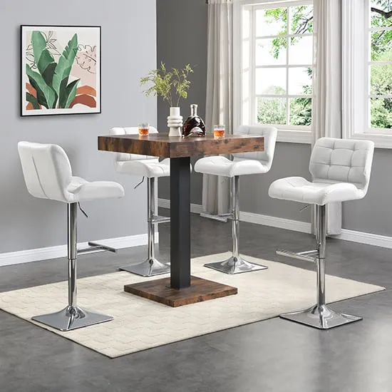 Topaz Square Bar Table with 4 Candid Stools - White, Rustic Oak