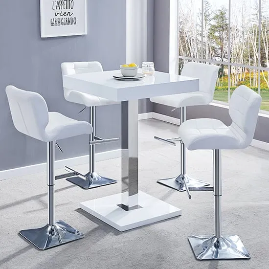 Topaz Square Bar Table with 4 Candid Stools - White