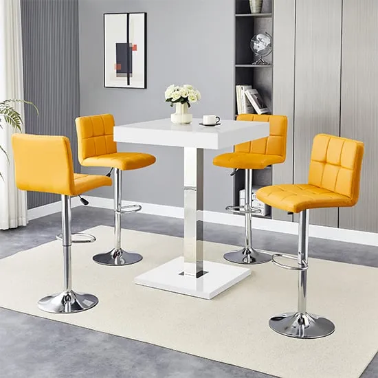 Topaz Square Bar Table with 4 Coco Curry Stools - White