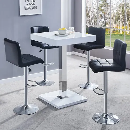 Topaz Square Bar Table with 4 Coco Stools - White, High Gloss