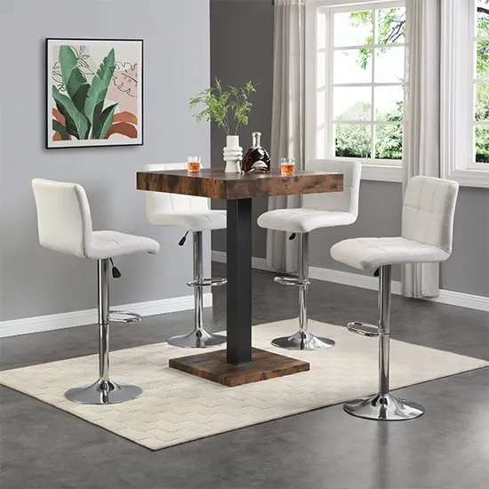 Topaz Square Bar Table with 4 Coco Stools - White, Rustic Oak