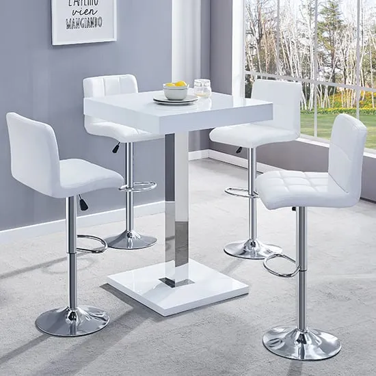 Topaz Square Bar Table with 4 Coco Stools - White
