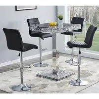 Topaz Square Bar Table with 4 Ripple Stools - Black, Marble Effect