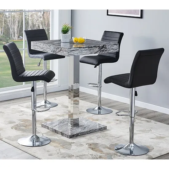 Topaz Square Bar Table with 4 Ripple Stools - Black, Marble Effect