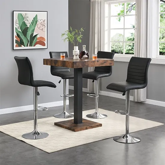 Topaz Square Bar Table with 4 Ripple Stools - Black, Oak