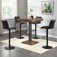 Topaz Square Bar Table with 4 Ripple Stools - Black, Rustic Oak