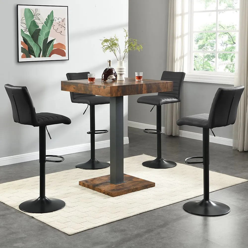 Topaz Square Bar Table with 4 Ripple Stools - Black, Rustic Oak