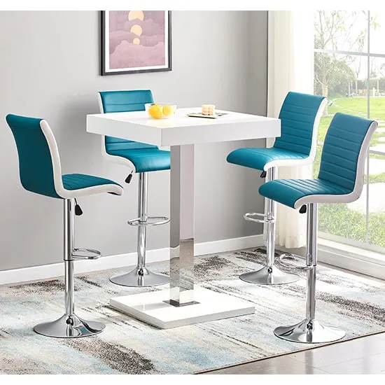 Topaz Square Bar Table with 4 Ritz Stools - White, Teal
