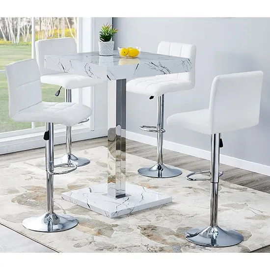 Topaz Vida Square Bar Table Set with 4 Coco Stools - White