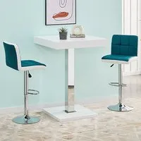 Topaz Square Bar Table with 2 Copez Stools - Teal, White High Gloss alternate view