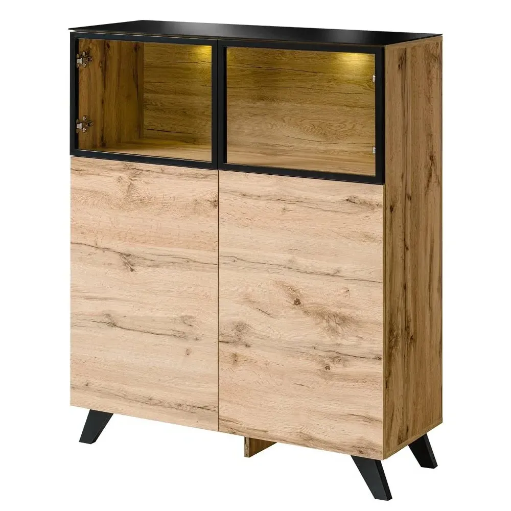 Torino 4-Door Display Cabinet with LED - White, Wotan Oak image