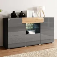 Torino High Gloss 3-Door Sideboard with LED - Grey, Oak