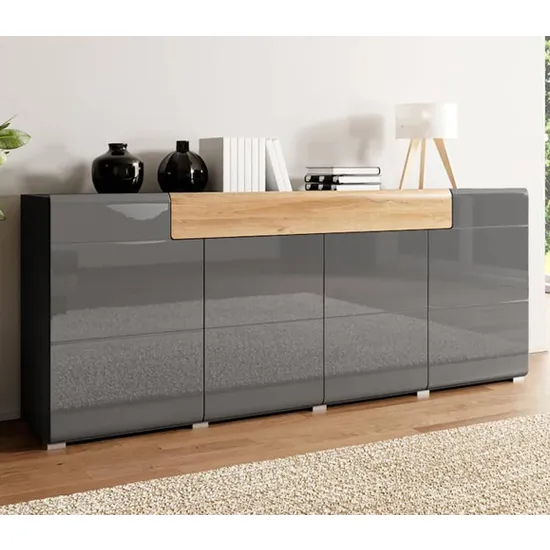 Torino High Gloss 4-Door Sideboard - Grey, Oak