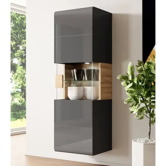 Torino Wall Display Cabinet with LED - Grey, Oak image