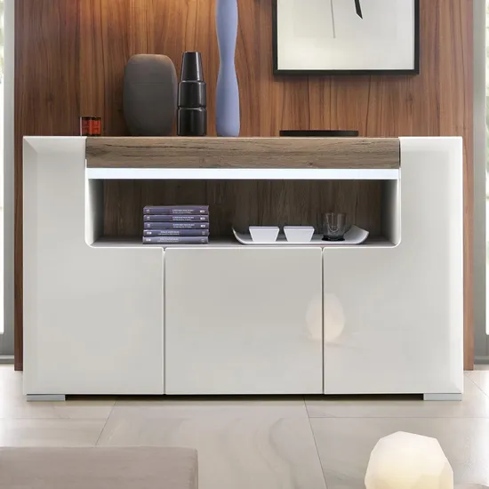Tortola 3-Door Sideboard with LED Lighting - Oak, White Gloss product