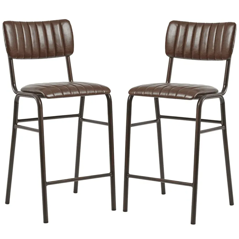 Toulouse Mid Bar Stools with Ribbed Pattern - Brown, Faux Leather