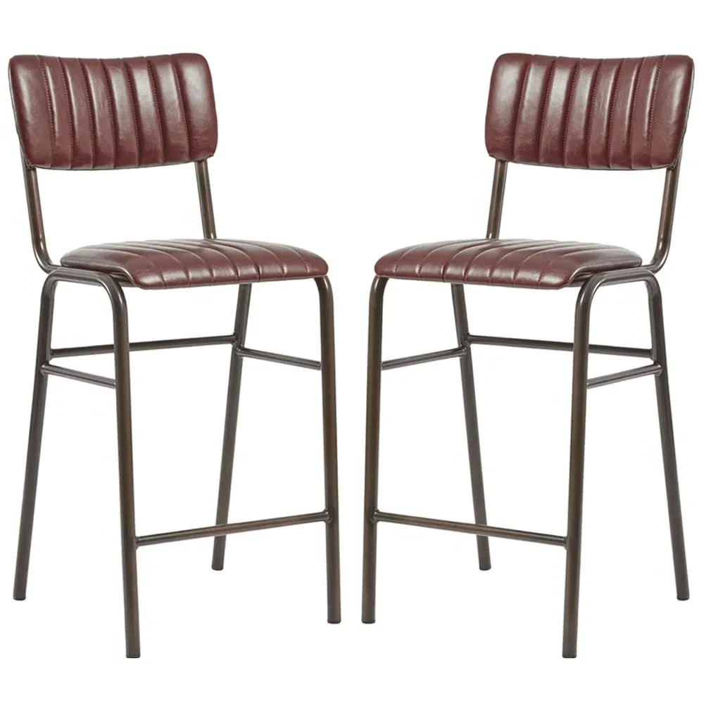 Toulouse Mid Bar Stools with Ribbed Pattern - Red, Faux Leather