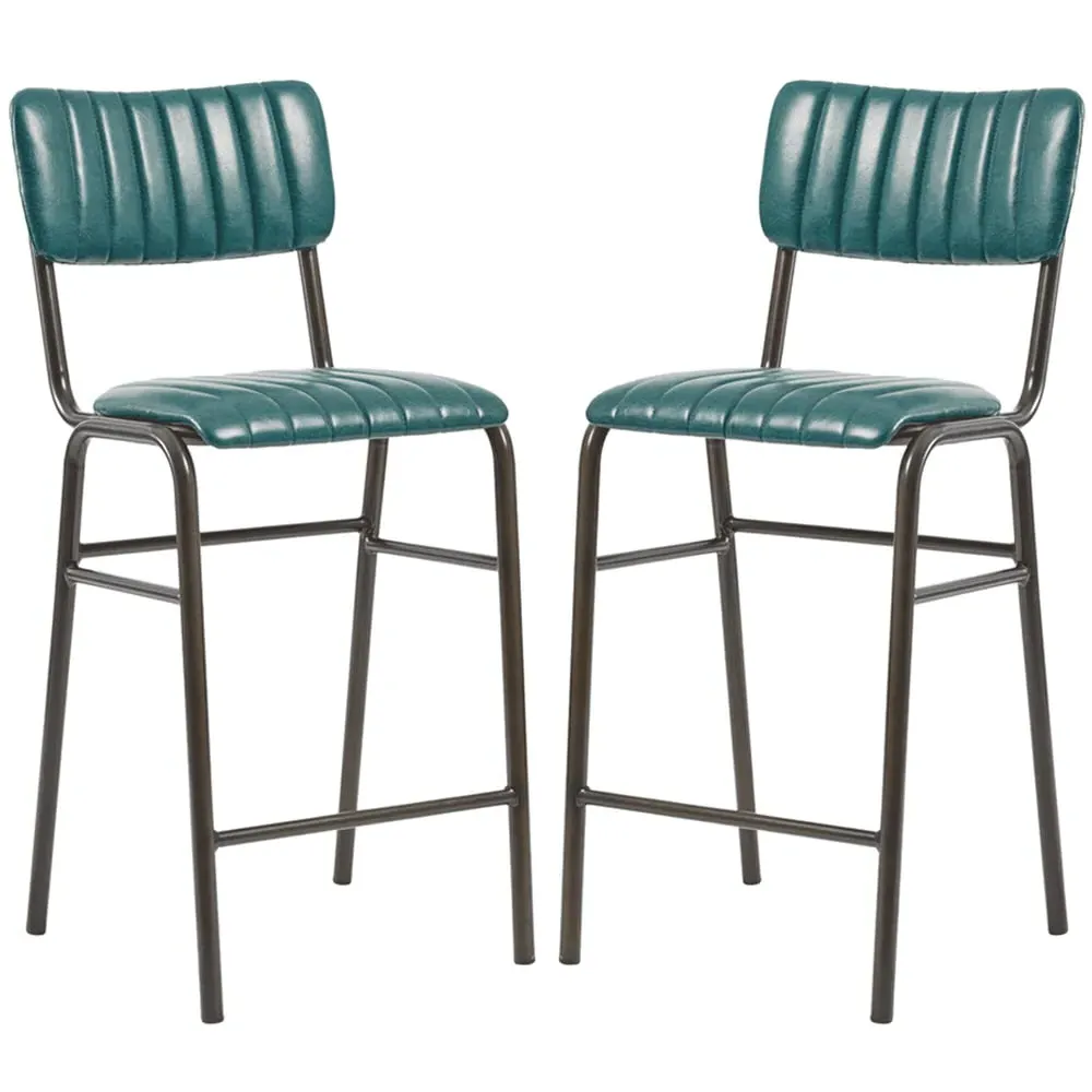 Toulouse Mid Bar Stools with Ribbed Pattern - Teal, Faux Leather